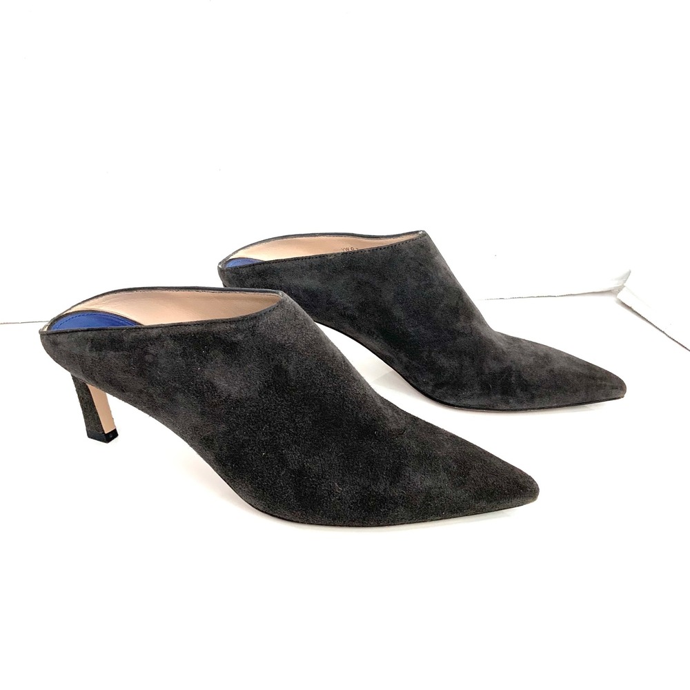 Stuart Weitzman Sz 10 Gray Suede Mira Mules Heels Pointed Toe Modern Minimalist